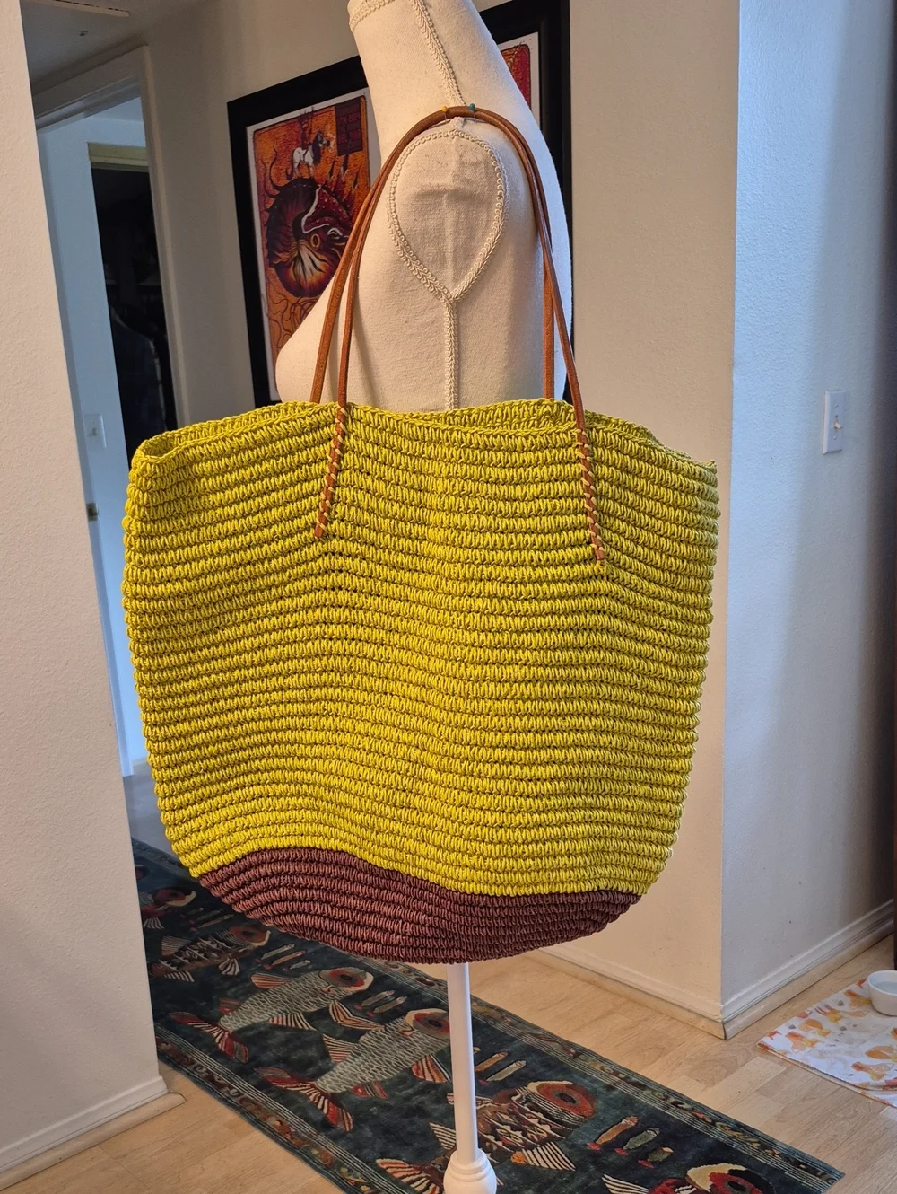 Bujibaja Green & Brown 100% Paper Beach Tote Bag Weaved Crochet